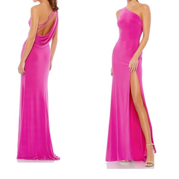 Ieena for Mac Duggal Pink Jersey One Shoulder Drape Back Gown Size 8 26512 - Picture 3 of 13
